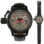 Personalized Firefighter Fireman Fire Department Watch<br><div class="desc">Firefighter NAME Fireman Fire Department design - Emblem with Red Helmet and Axe. Customize with your Name,  Station/Dept Number and location.</div>