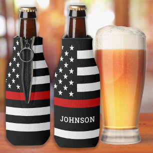 Personalized Firefighter Flag Thin Red Line Bottle Cooler