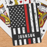 Personalized Firefighter Flag Thin Red Line Playing Cards<br><div class="desc">Thin Red Line playing cards - American flag in Firefighter Flag colours, distressed design . These Thin Red Line playing cards are perfect for a gift for a firefighter retirement, fireman graduation gifts, memorial events, and a wonderful gift to your favourite firefighter. A fun fire department game, or firefighter retirement...</div>