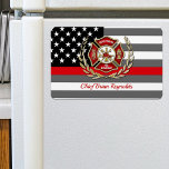 Personalized Firefighter Magnet<br><div class="desc">Fun firefighter's personalized fridge magnet. Maltese cross with your city name fire department,  your rank and name over the classic thin red line firefighter's flag.</div>