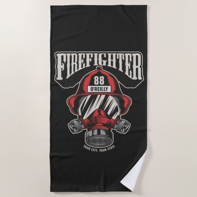 Personalized Firefighter Mask Fire Dept Helmet  Beach Towel (Front)