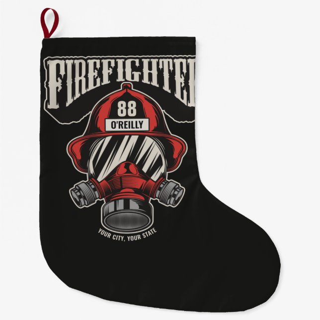 Personalized Firefighter Mask Fire Dept Helmet Large Christmas Stocking (Front)