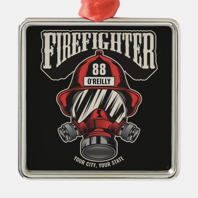 Personalized Firefighter Mask Fire Dept Helmet  Metal Ornament (Front)