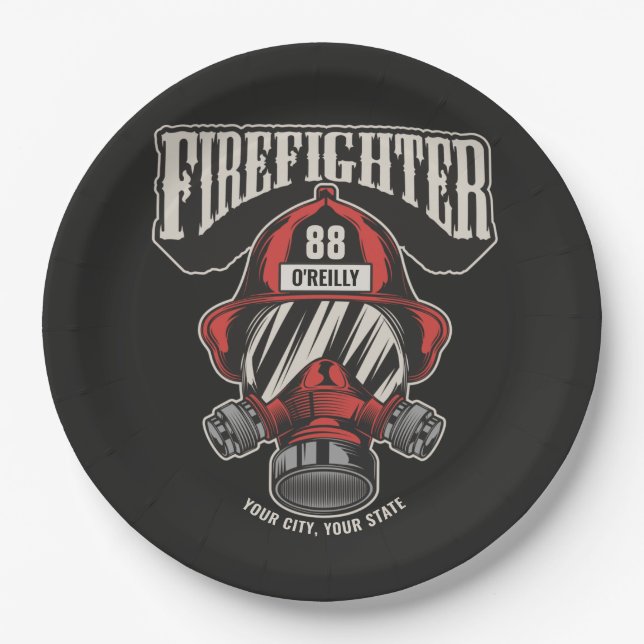 Personalized Firefighter Mask Fire Dept Helmet Paper Plate (Front)