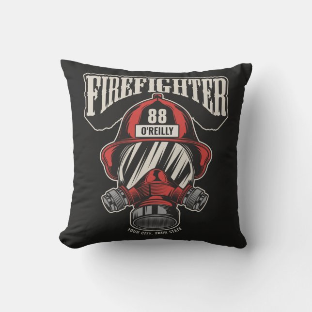 Personalized Firefighter Mask Fire Dept Helmet Throw Pillow (Front)