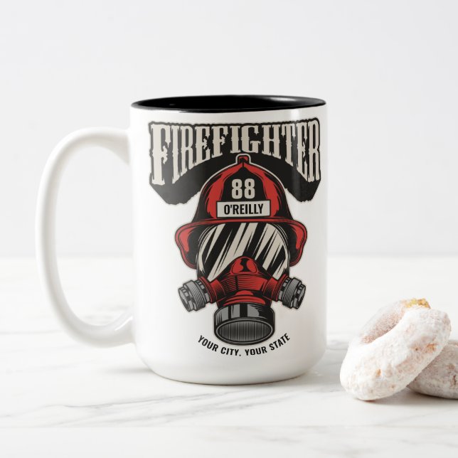 Personalized Firefighter Mask Fire Dept Helmet  Two-Tone Coffee Mug (With Donut)