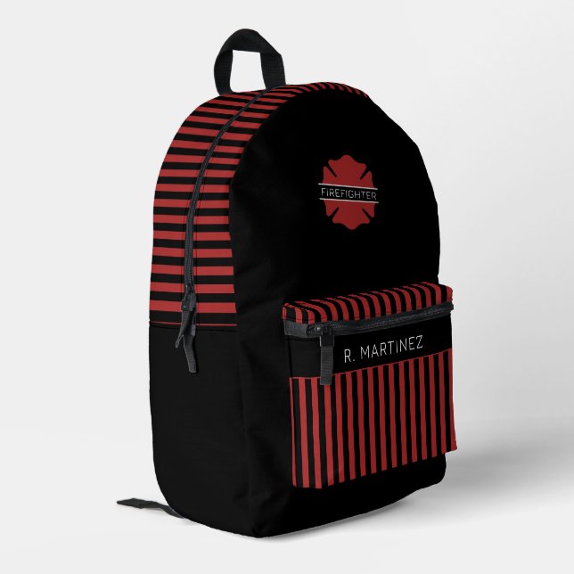 Personalized Firefighter Red and Black Stripes Printed Backpack (Back Corner Left)