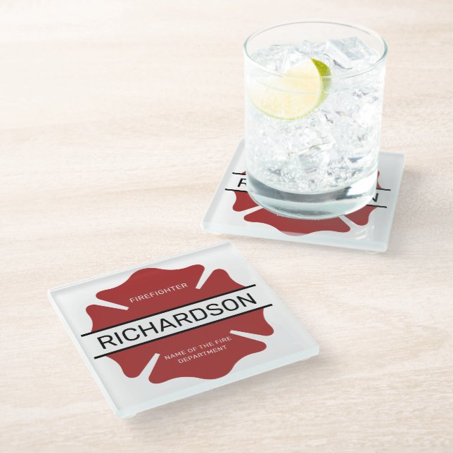 Personalized Firefighter Red Logo Symbol  Glass Coaster (Angled)