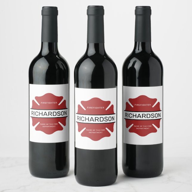 Personalized Firefighter Red Logo Symbol  Wine Label (Bottles)