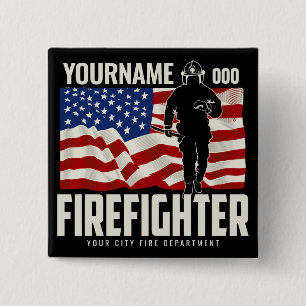 Personalized Firefighter Rescue USA Flag Patriotic 2 Inch Square Button