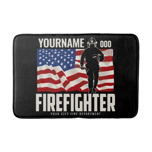 Personalized Firefighter Rescue USA Flag Patriotic Bath Mat (Front)
