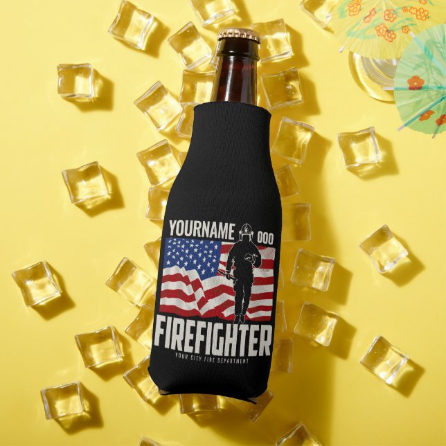 Personalized Firefighter Rescue USA Flag Patriotic Bottle Cooler (In Situ Summer)