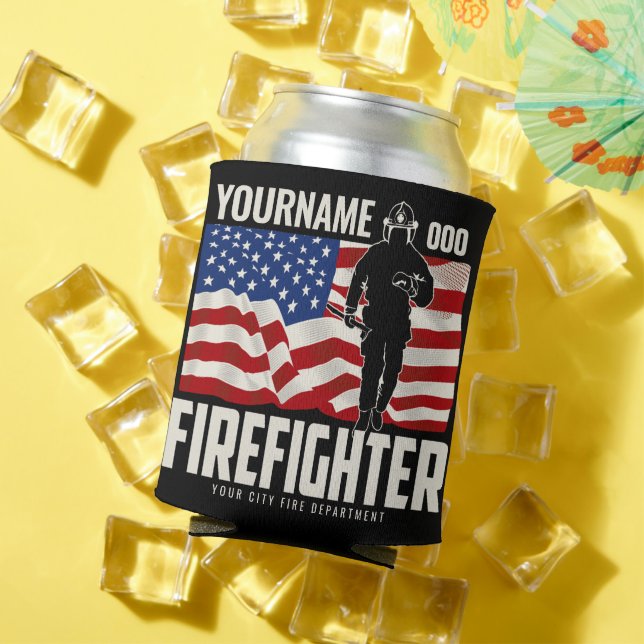 Personalized Firefighter Rescue USA Flag Patriotic Can Cooler (In Situ Summer)