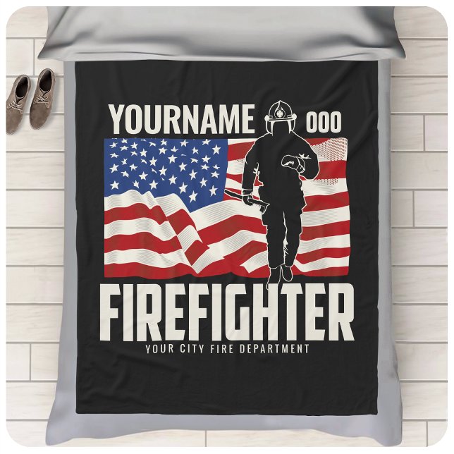Personalized Firefighter Rescue USA Flag Patriotic Fleece Blanket (Creator Uploaded)