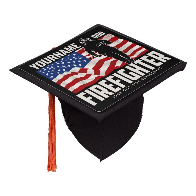 Personalized Firefighter Rescue USA Flag Patriotic Graduation Cap Topper (Angled)