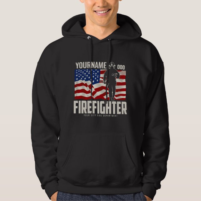 Personalized Firefighter Rescue USA Flag Patriotic Hoodie (Front)