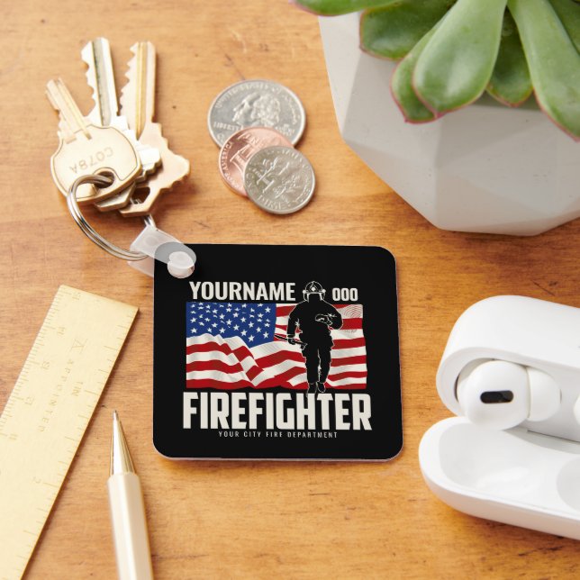 Personalized Firefighter Rescue USA Flag Patriotic Keychain (Desk)
