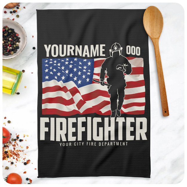 Personalized Firefighter Rescue USA Flag Patriotic Kitchen Towel (Creator Uploaded)