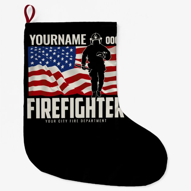Personalized Firefighter Rescue USA Flag Patriotic Large Christmas Stocking (Front)