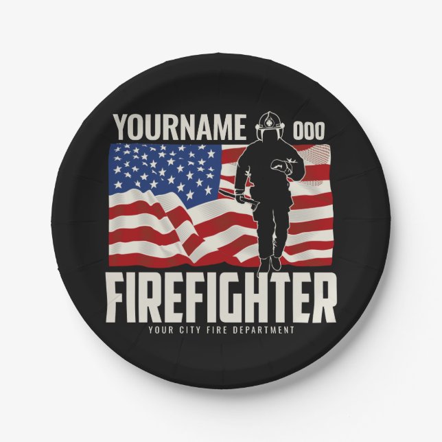 Personalized Firefighter Rescue USA Flag Patriotic Paper Plate (Front)