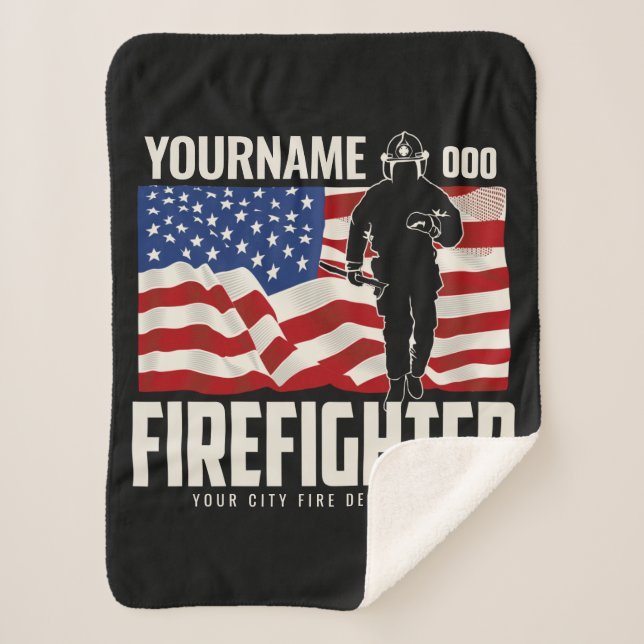 Personalized Firefighter Rescue USA Flag Patriotic Sherpa Blanket (Front)
