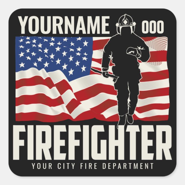 Personalized Firefighter Rescue USA Flag Patriotic Square Sticker (Front)