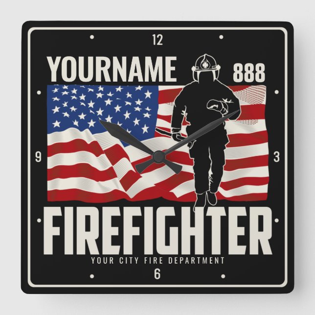Personalized Firefighter Rescue USA Flag Patriotic Square Wall Clock (Front)