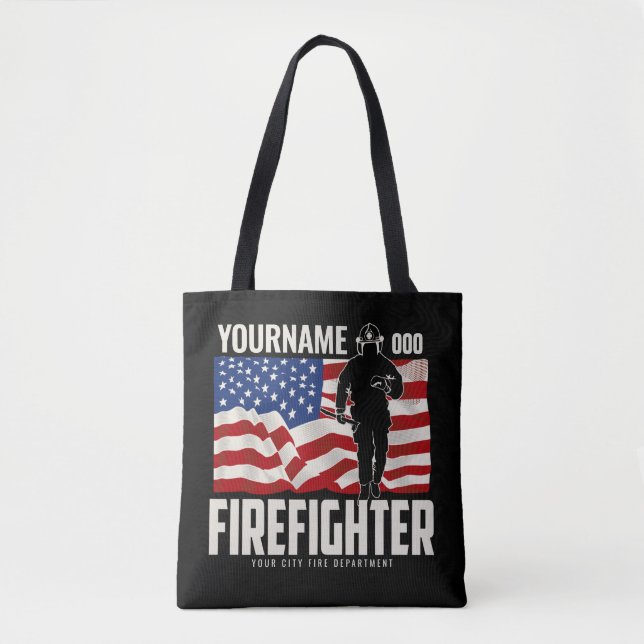 Personalized Firefighter Rescue USA Flag Patriotic Tote Bag (Front)