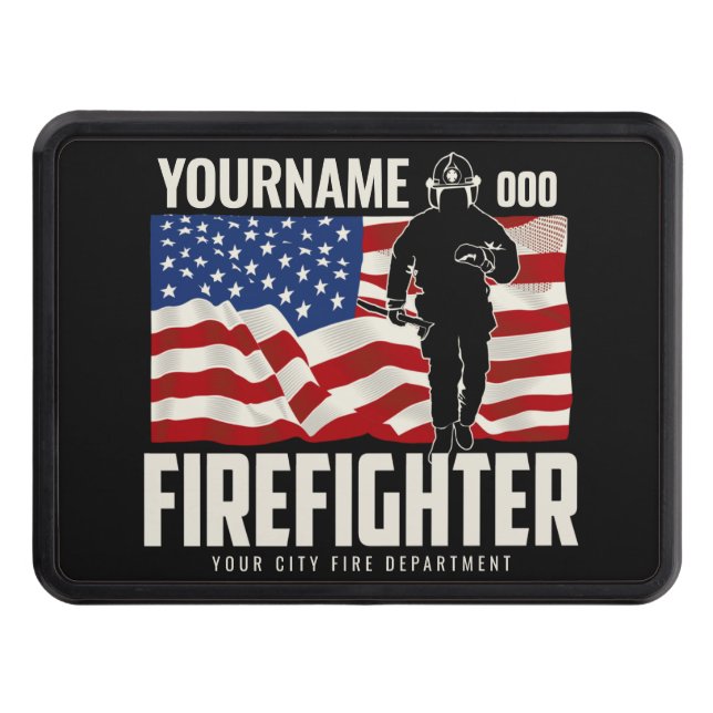Personalized Firefighter Rescue USA Flag Patriotic Trailer Hitch Cover (Front)
