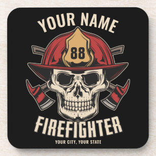 Personalized Firefighter Skull Fireman Fire Dept  Coaster