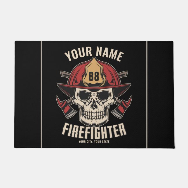 Personalized Firefighter Skull Fireman Fire Dept  Doormat (Front)
