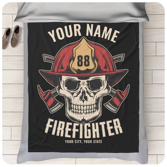 Personalized Firefighter Skull Fireman Fire Dept  Fleece Blanket (Creator Uploaded)