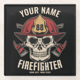 Personalized Firefighter Skull Fireman Fire Dept Glass Coaster