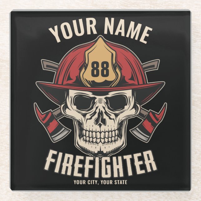 Personalized Firefighter Skull Fireman Fire Dept Glass Coaster (Front)
