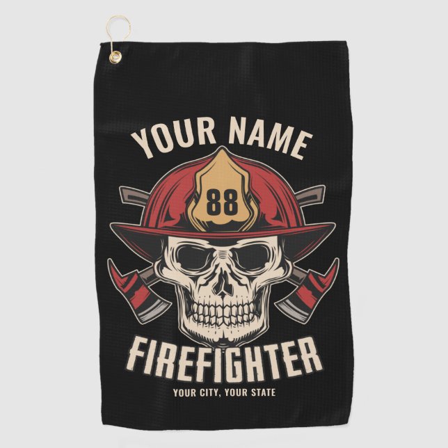 Personalized Firefighter Skull Fireman Fire Dept Golf Towel (Front)