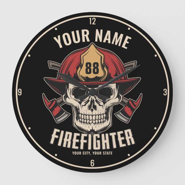 Personalized Firefighter Skull Fireman Fire Dept Large Clock (Front)