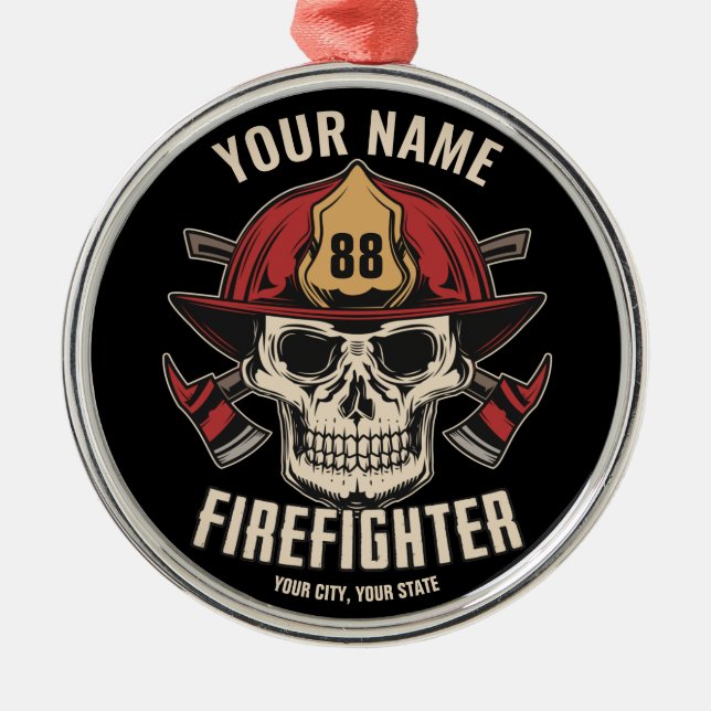 Personalized Firefighter Skull Fireman Fire Dept Metal Ornament (Front)