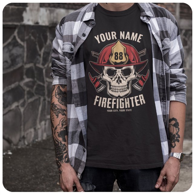 Personalized Firefighter Skull Fireman Fire Dept T-Shirt (Creator Uploaded)