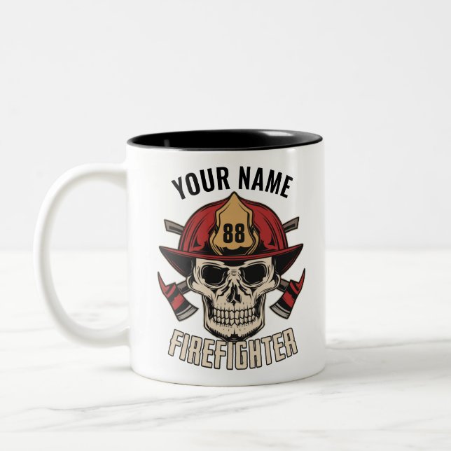 Personalized Firefighter Skull Fireman Fire Dept Two-Tone Coffee Mug (Left)