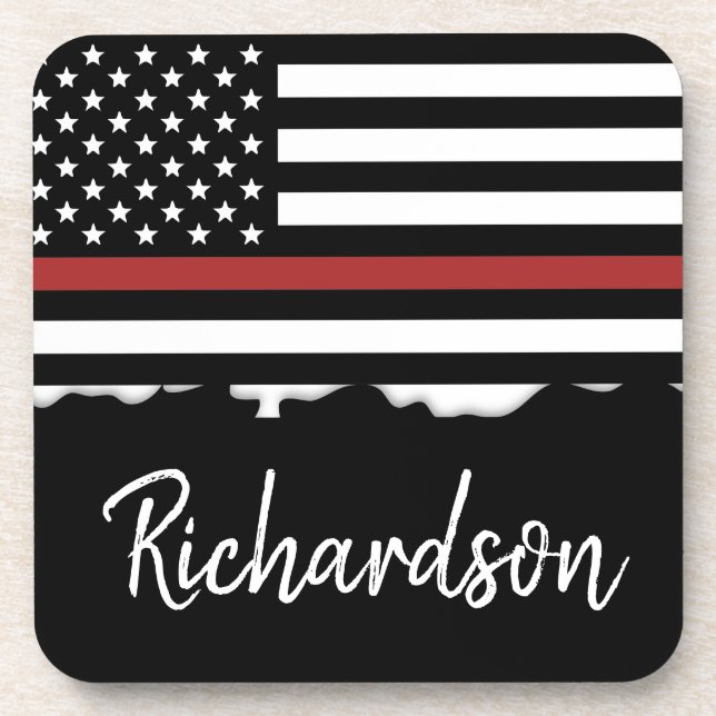 Personalized Firefighter Thin Red Line Fire Rescue Coaster (Front)