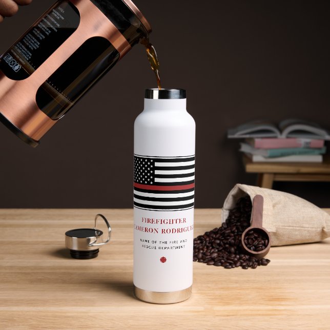 Personalized Firefighter Thin Red Line Fire Rescue Water Bottle (Coffee)
