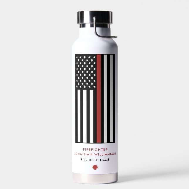Personalized Firefighter Thin Red Line Flag Water Bottle (Left)