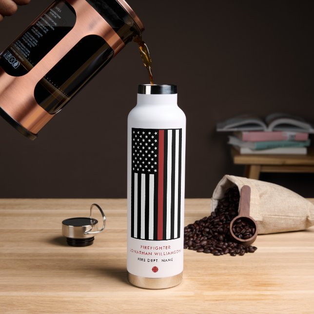 Personalized Firefighter Thin Red Line Flag Water Bottle (Coffee)