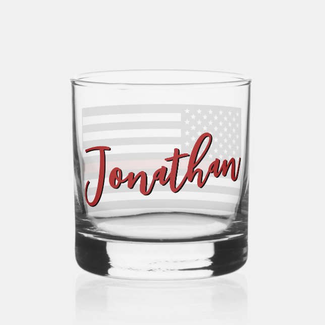 Personalized Firefighter Thin Red Line Flag Whiskey Glass (Back)