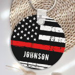 Personalized Firefighter Thin Red Line Keychain<br><div class="desc">Personalized Thin Red Line Keychain - American flag in Firefighter Flag colors, distressed design . Personalize with fireman name, or department. This personalized firefighter keychain is perfect for fire departments, or as a memorial keepsake. COPYRIGHT © 2020 Judy Burrows, Black Dog Art - All Rights Reserved. Personalized Firefighter Thin Red...</div>