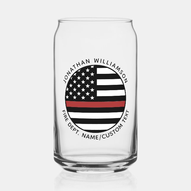 Personalized Firefighter Thin Red Line USA Flag Can Glass (Front)
