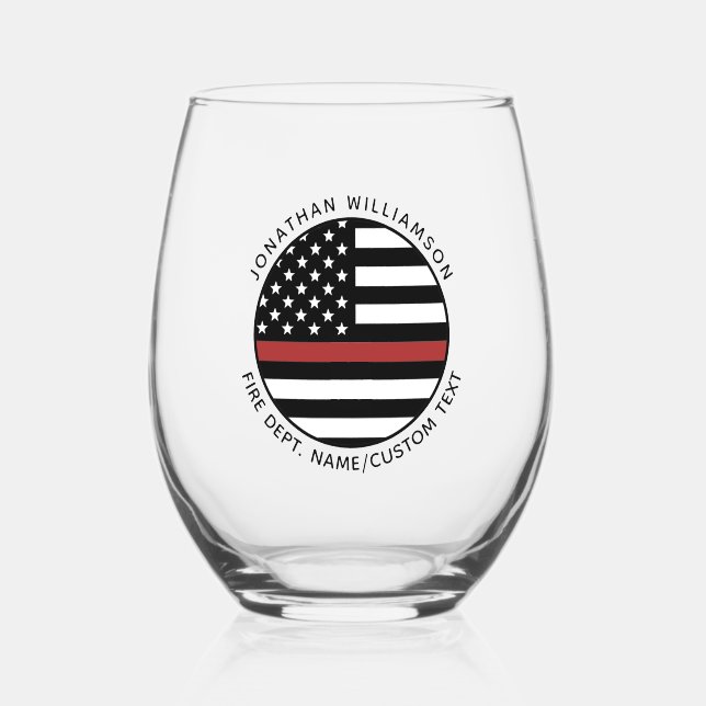 Personalized Firefighter Thin Red Line USA Flag Stemless Wine Glass (Front)