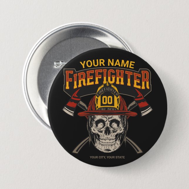 Personalized Fireman Skull Helmet Axe Firefighter  3 Inch Round Button (Front & Back)