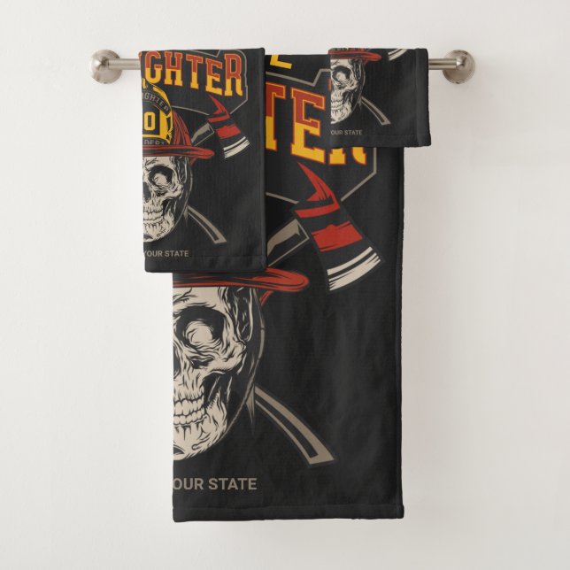 Personalized Fireman Skull Helmet Axe Firefighter  Bath Towel Set (Insitu)