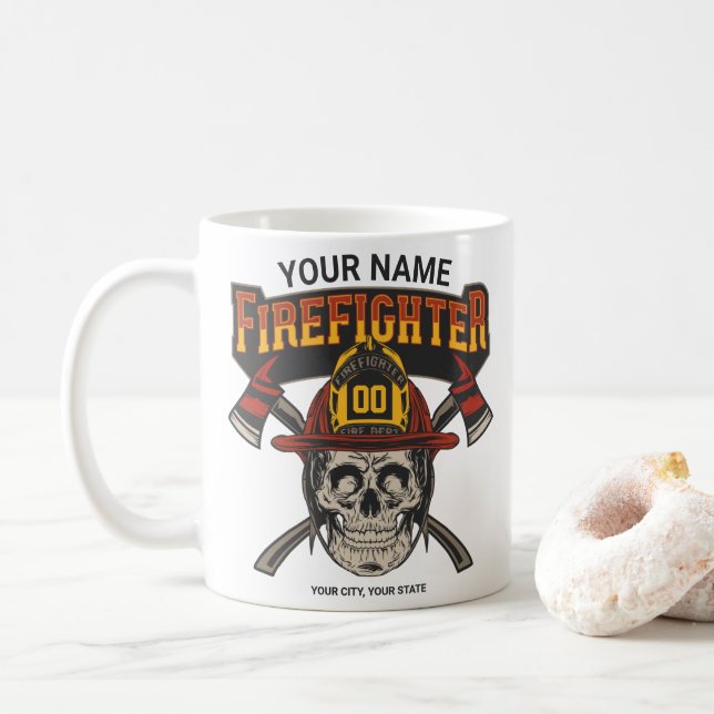 Personalized Fireman Skull Helmet Axe Firefighter  Coffee Mug (With Donut)